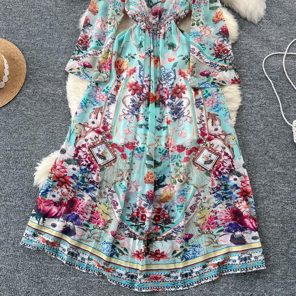 Spring Summer Bohemain Long Dress Women's V-Neck Flare Sleeve Floral Print Single Breasted High Waist A-Line Chiffon Vestidos