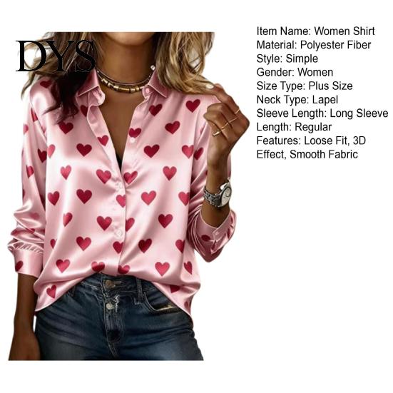 Party Shirt Tops Women Silk Glossy Fabric Lapel Long Sleeve Heart Print Blouse Loose Fit Button Down Romantic Date Night Casual Comfortable Soft