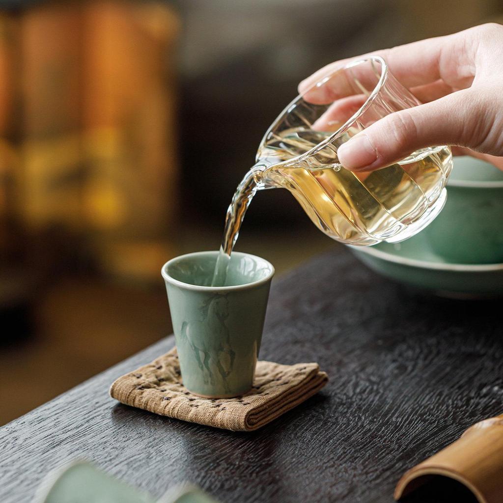 Guanlan Yue Celadon Shadow Carved Zodiac Tea Cup - High-Grade Ceramic Masterpiece for Aroma and Tea Tasting