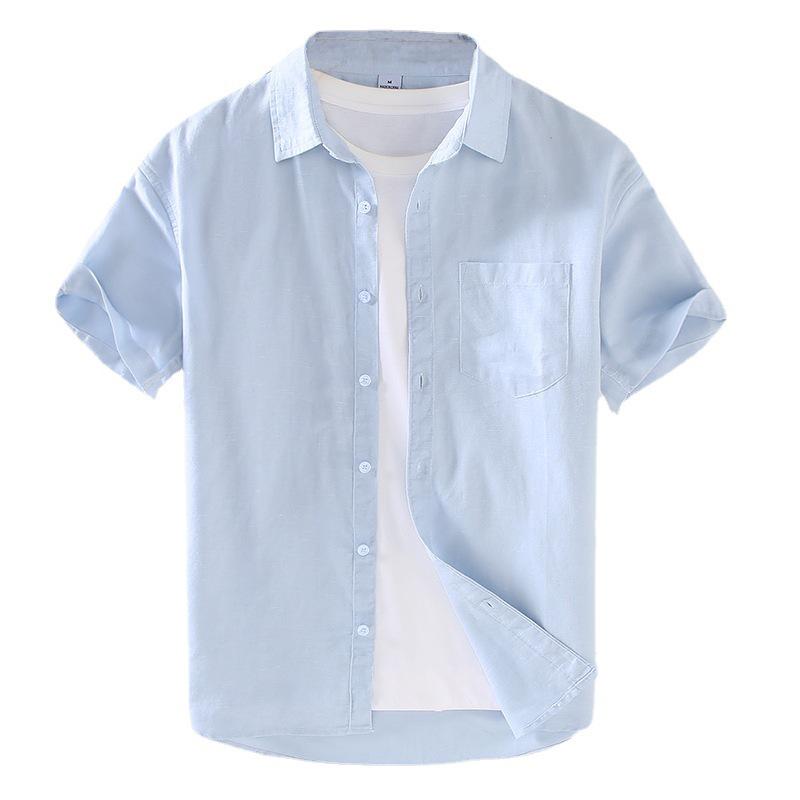 Men's Summer Cotton Linen Pocket Cardigan Square Collar Short Sleeve Casual Shirt