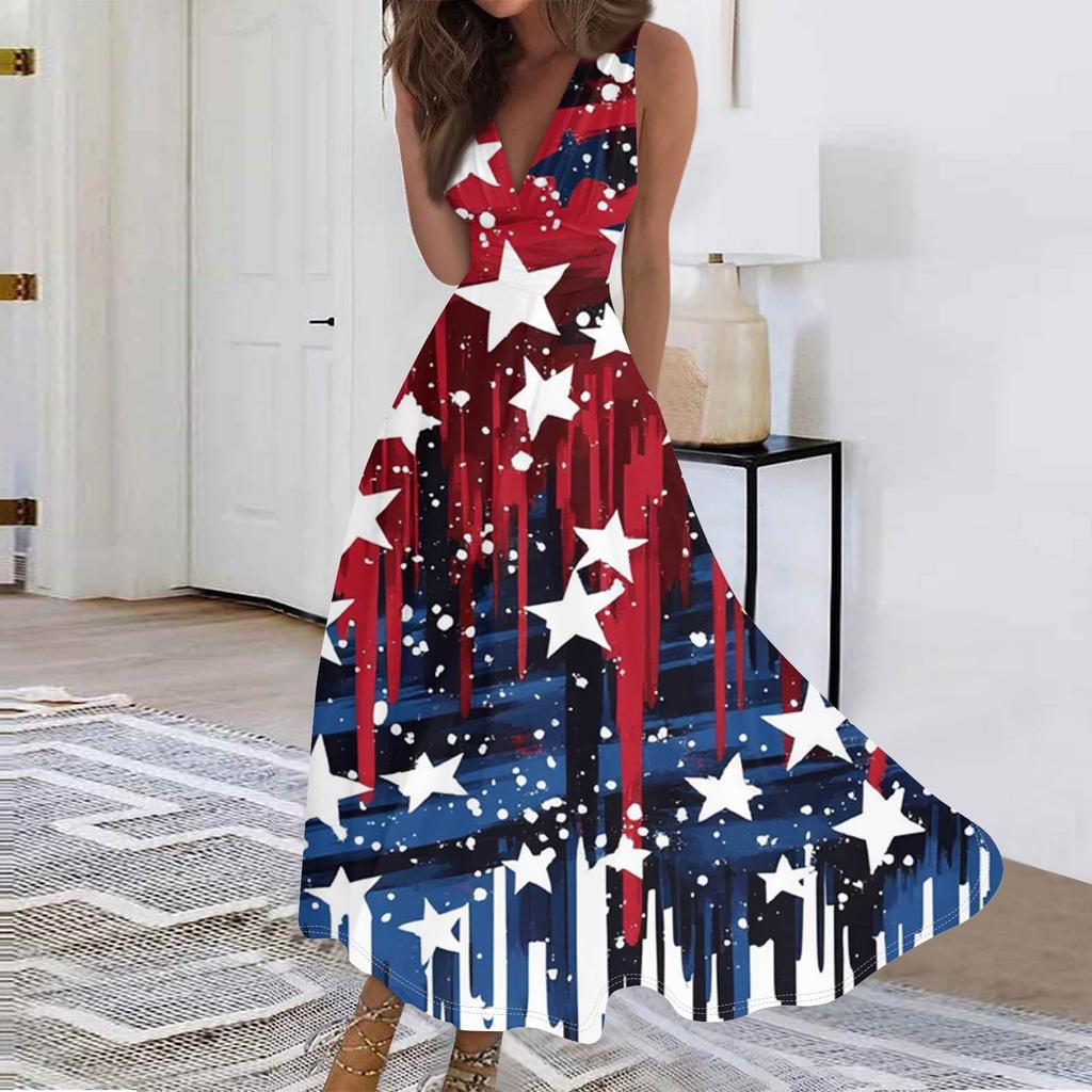 Women's Fashion Casual Loose V Neck Sleeveless Independence Day Printed Long Dresses