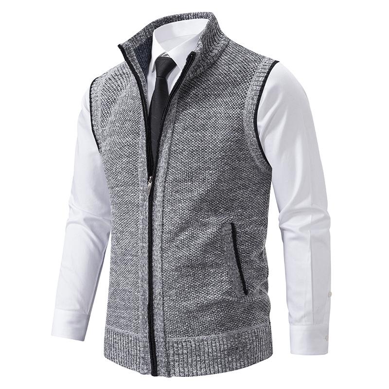 Men's Autumn/Winter Fleece-Lined Knit Sweater Vest with Stand Collar