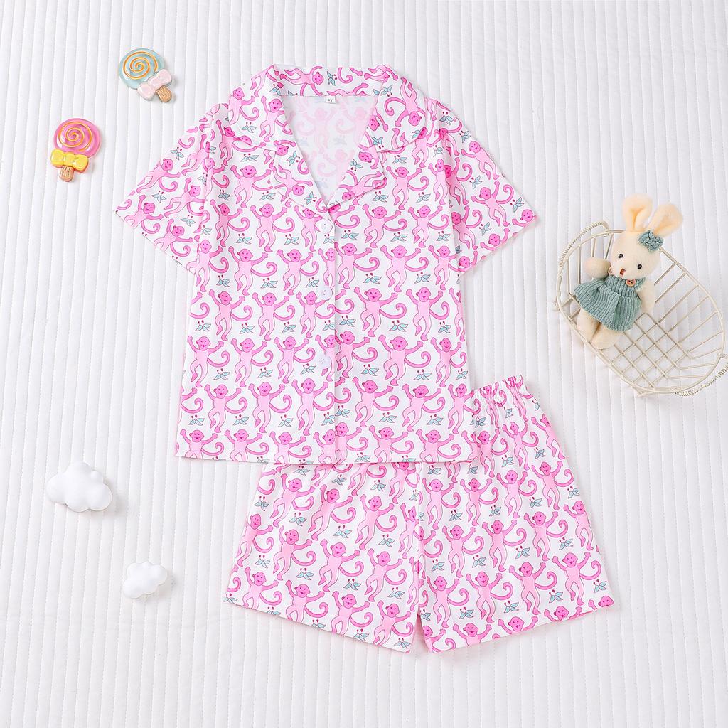 New Four Seasons Middle Children's Girls Pajamas Set Short Sleeve Shorts Cardigan Printed Kids Pajamas