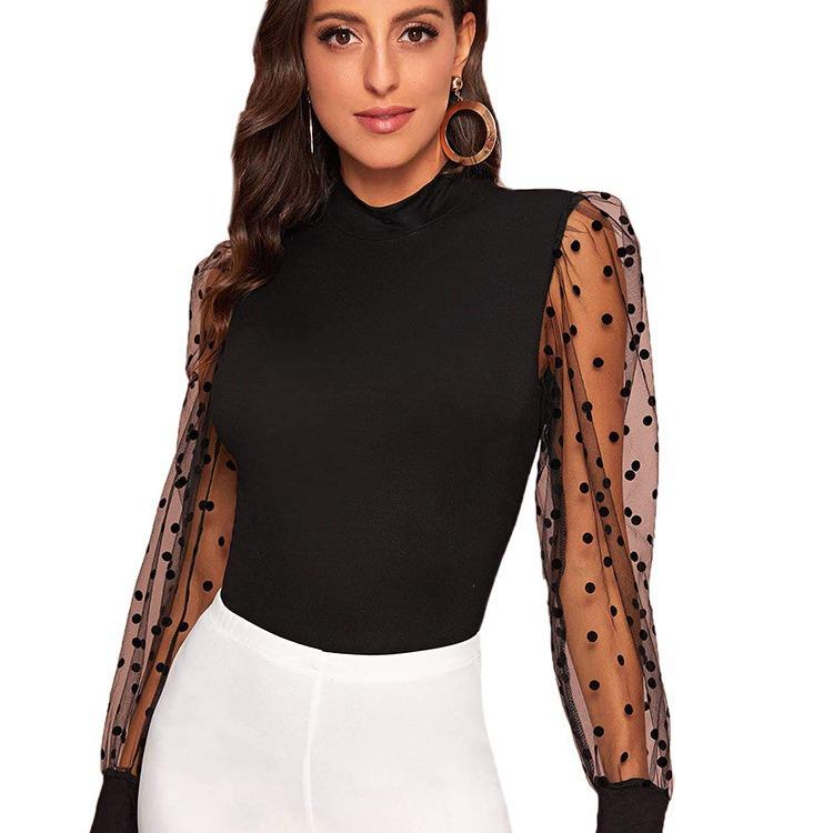 

GMXIA женские модные повседневные летние черные кружевные эластичные прозрачные волнистые тонкие блузки и рубашки с длинными рукавами и круглым вырезом XL чёрный