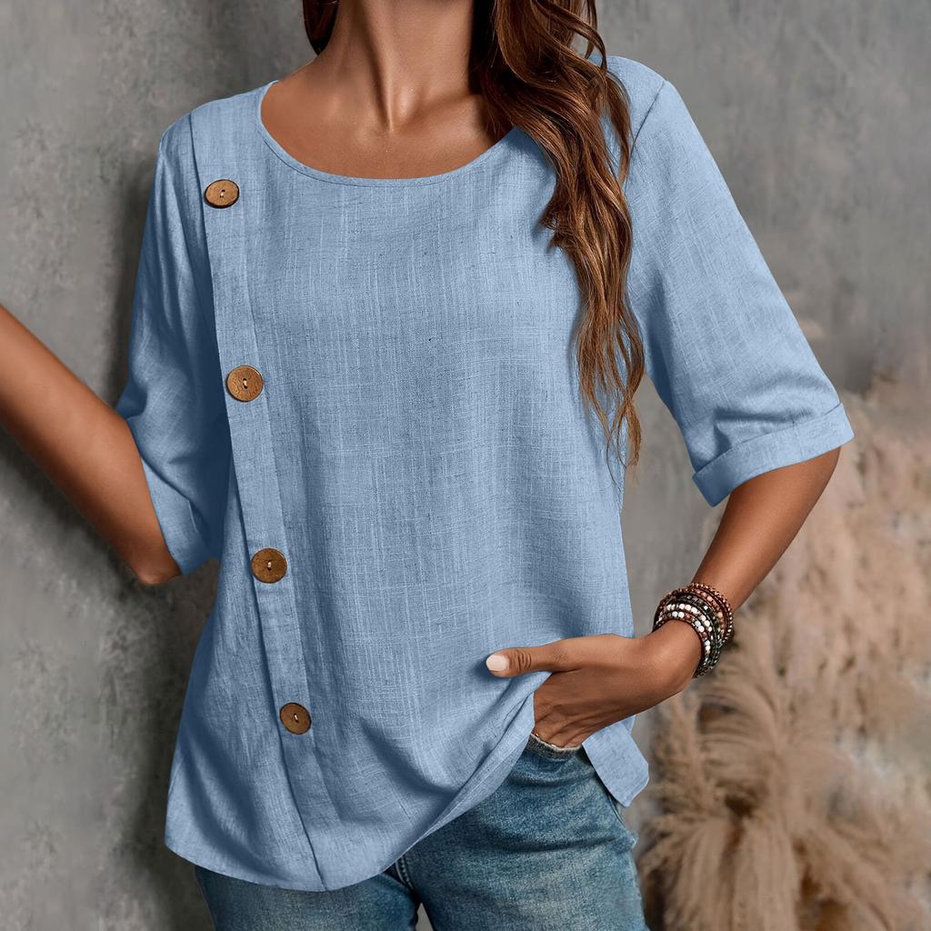 New Women's Cotton And Linen Button,down Casual Top
