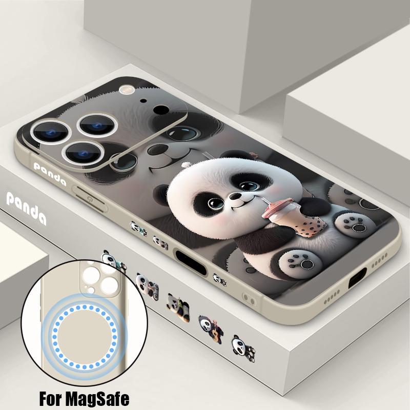 For iPhone 17 Pro Max Case Milk tea-drinking Panda Magnetic For Magsafe Silicone Cover For iPhone 16 Pro Max Funda iPhone 15 14 13 12 11 16E Air