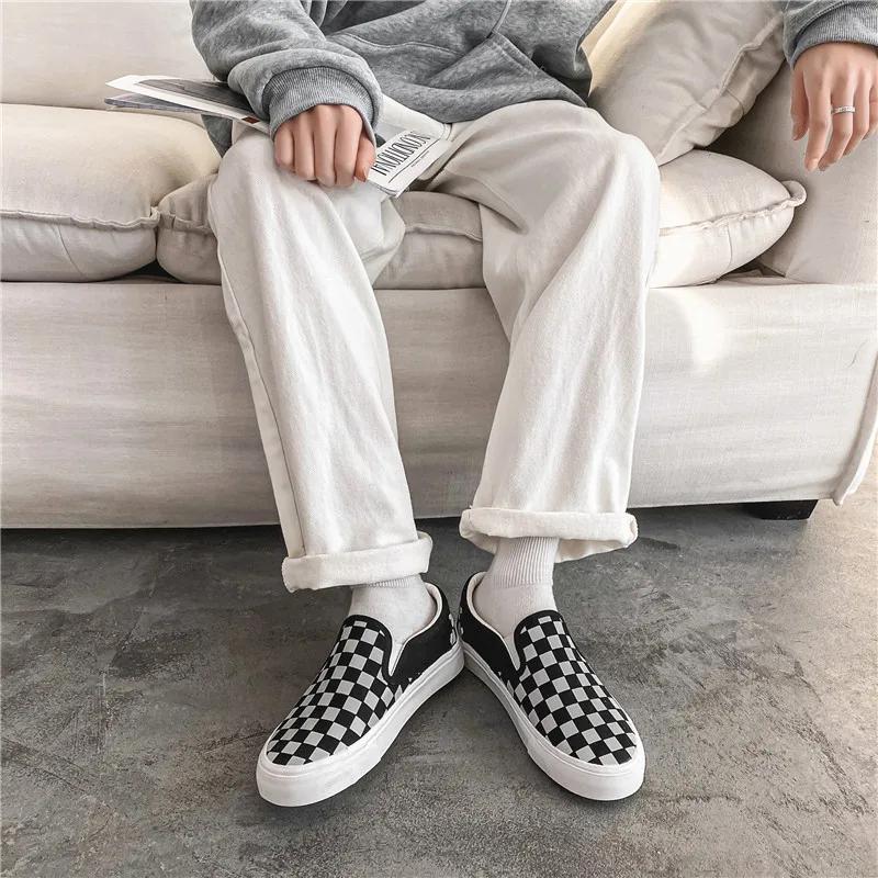 Spring Men Canvas Casual Shoes Trend Checkered Flat Skate Shoes Street Cool Slip-on Loafers