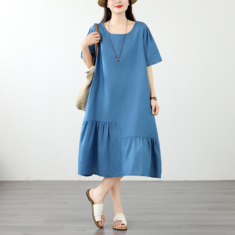 DIMANAF 2026 Plus Size Summer Women Denim Dress Elegant Fashion Lady Sundress Jeans Blue Long Dress Casual Spliced Clothing