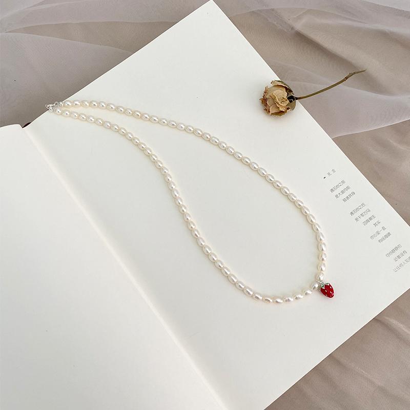 Perle de apă dulce naturală Xiaomi Colier de perle Guler Lanț din argint 925 Pandantiv cu căpșuni Femeie dulce și versatilă