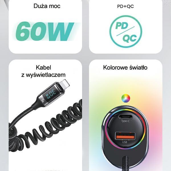 USAMS Land. Alone. C37 1Xusb+1Xusb-C 60W +Kabel Ligtning 30W Pd+Qc Szybkie Ładowanie Czarny/Black Cc193Cc01 (Us-Cc193)