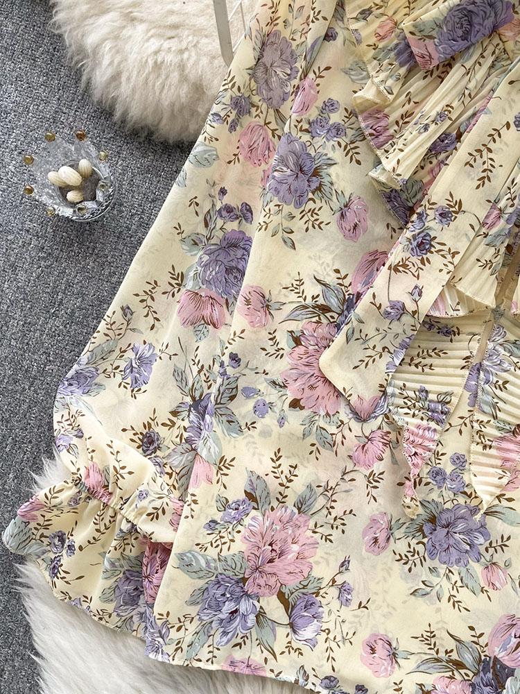 Damen Frühlingsbluse Elegantes Hemd mit Schleifenkragen Patchwork Plissierter Rüschenrand Slim Fit Oberteile Französischer Stil Puffärmel Lässige Bluse