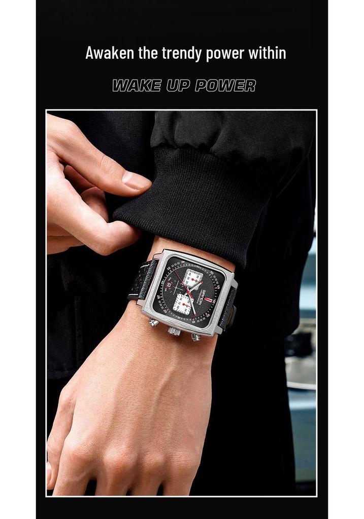 Sanda Men's Chronograph Quartz Watch: Square Dial, Three Eyes, Six Hands, Luminous, Calendar, Waterproof.