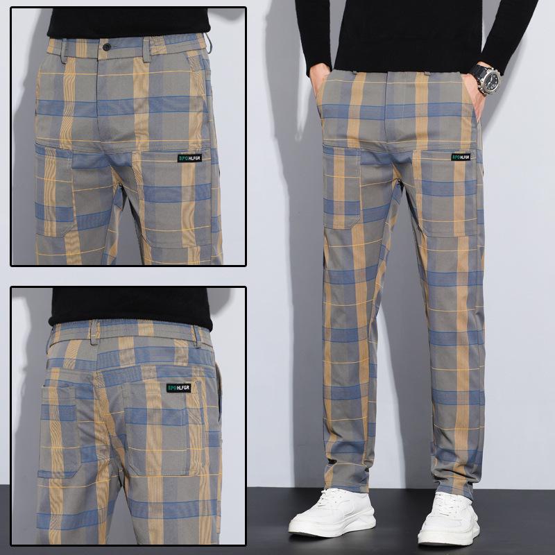 "2024 Herfst/Winter Heren Anti-Kreuk Ruitbroek - Elastische Tailleband, Rits, Zes Zakken, Rechte Pasvorm, Casual Stijl"