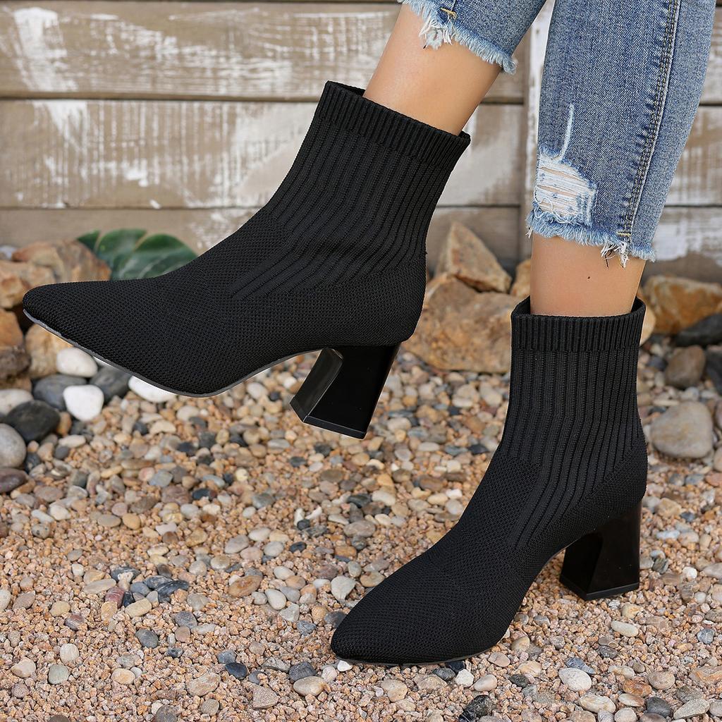 Fashion 2024 Hot Sale Ladies Shoes Ankle Women's Boots Plus Size Knitted Boots Women Pointed Toe Slip On High Chunky Heels Women Shoes
