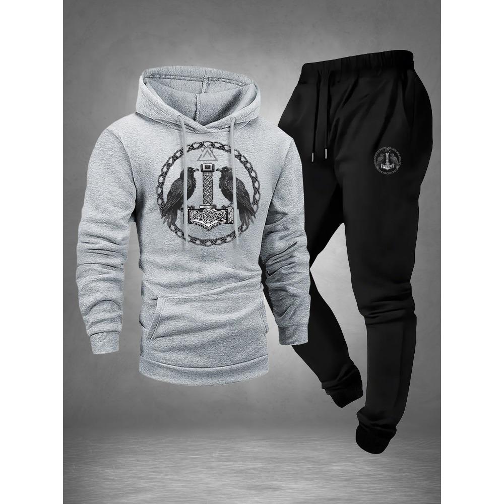 Men's Fashion Printed Hooded Sweatshirt and Sweatpants Set, Autumn and Winter Casual Sports Two-piece Set