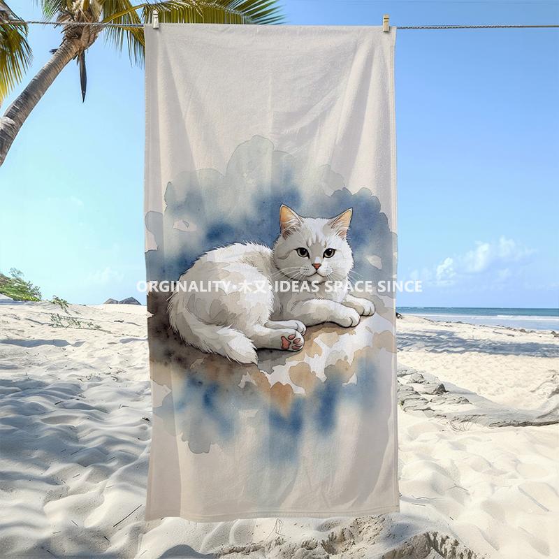 Watercolor Cute Cat Beach Towel Patterned Sunscreen And Windproof Suitable For Swimming Pool Camping Travel Blanket