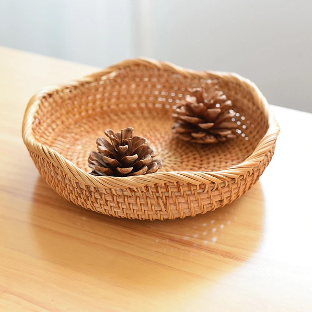 Rattan Woven Wicker Storage Tray Fruits Bread Baskets Handmade Crafts Tableware for Kitchen Countertop Decor Round Organizer