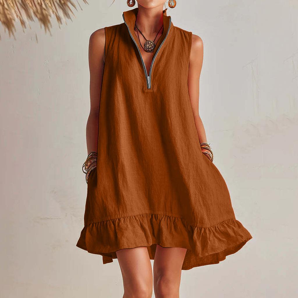 Women's Sleeveless V Neck Zip Front Summer Dress Loose Fit Ruffle Hem Casual Lightweight Linen Mini Dress