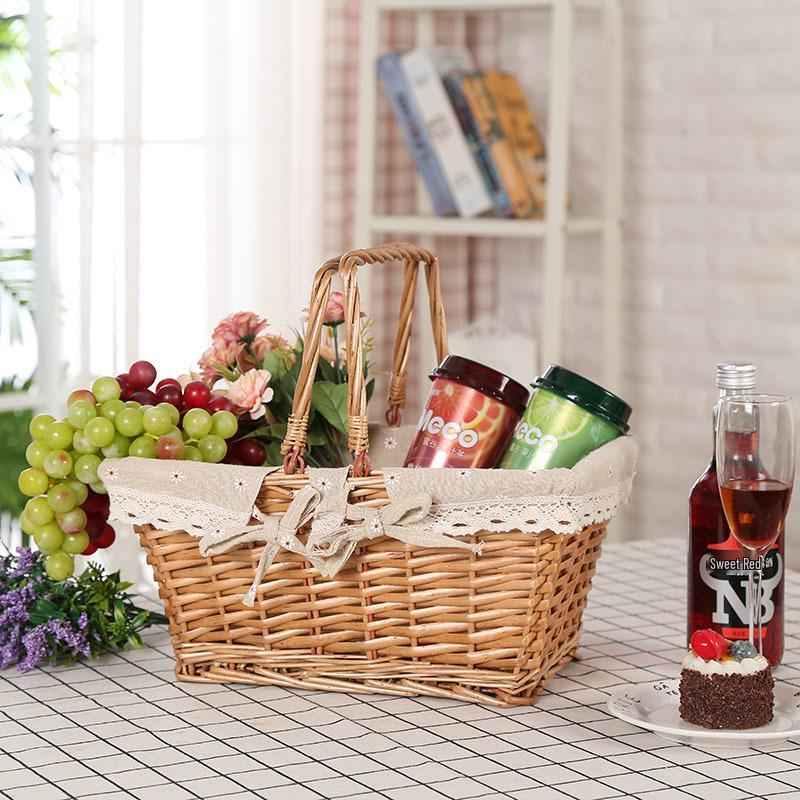 Portable Rattan Woven Picnic Basket with Lid - Small Outdoor Floral & Fruit Basket