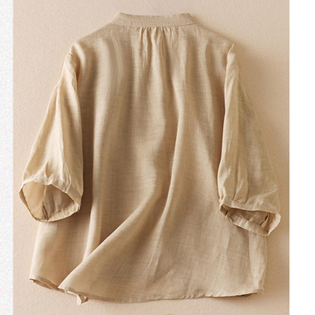 Women's Solid Color Cotton Linen Five Quarter Sleeved Retro Breathable T-Shirt Stand Up Collar Top