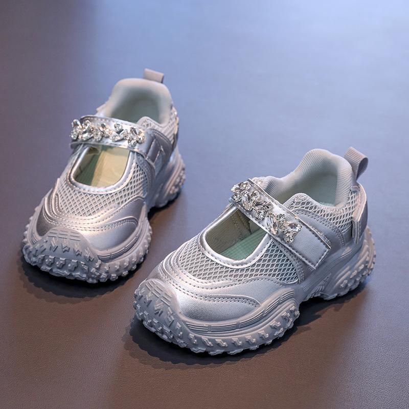 

Kids Sports Sandals Mesh Breathable Non-slip Girls Princess Shoes Shiny Crystal 2025 Spring Autumn Girls Running Shoes Hook&loop 26 серебряный