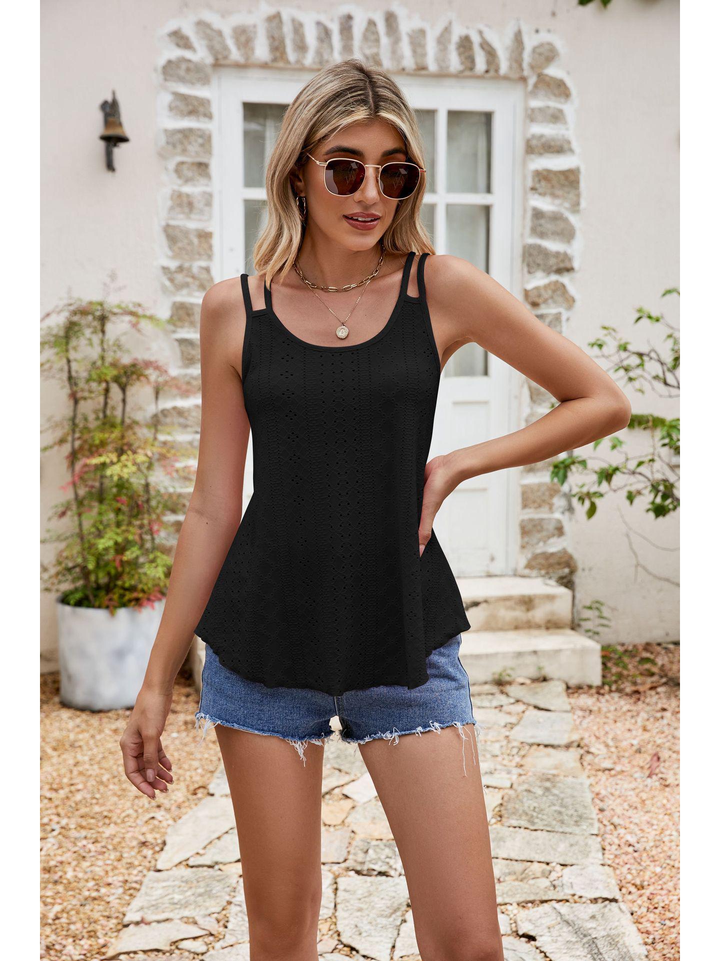 

2023 Лето Женская однотонная майка на пуговицах с ажурным дизайном XXL