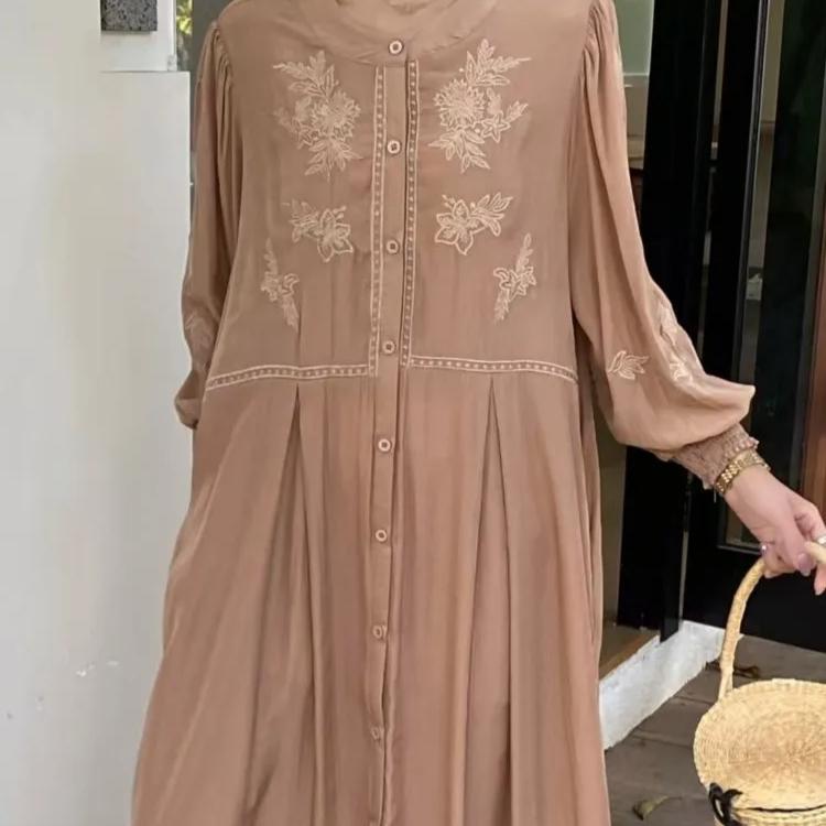 Spring Autumn Dress Women Floral Embroidery Fashion Ruffle Pleated Ladies Dresses Long Sleeve Loose Woman Dress