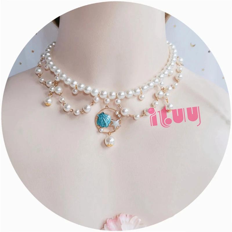 Handmade Lolita Retro Baroque Gem Necklace Ocean Shell Pendant Pearl Necklace Wedding Sweet Collarbone Chain Necklace Accessory