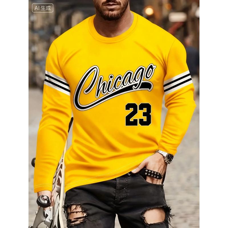 Men's 3D  "Chicago 23" Printed Long Sleeved Sports T-shirts Round Neck Breathable Perfect for Casual Wear Daily T-shirts