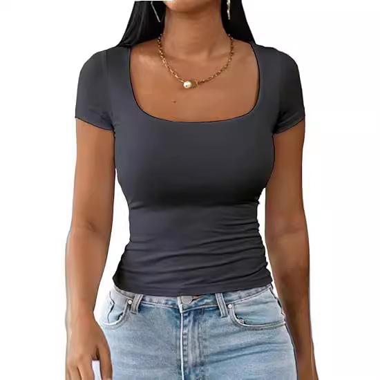 Dames 2025 Sommer U-hals Slim Casual T-skjorte - Kort Ermet Mote Pullover
