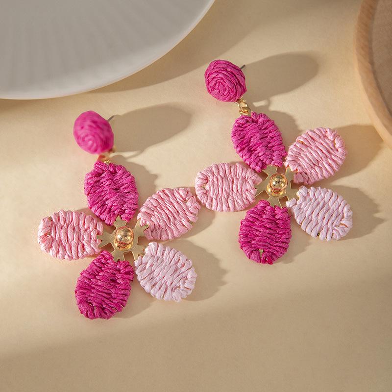Dopamine Flower Woven Earrings: Summer Beach Raffia Studs for Women