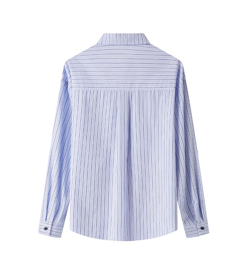 Women's Blue Striped Long Sleeve Shirt: Spring 2026 New Design with Tie Top, Loose and Fashionable.