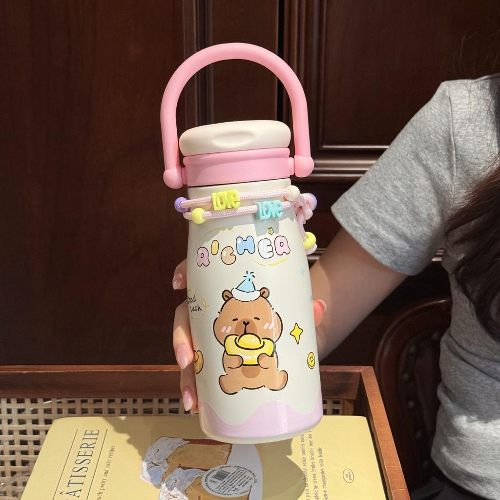 Large Capacity High Value Cartoon Thermos Cup, Girls Portable Double Drink Straw Kettle, Student Strap Cup