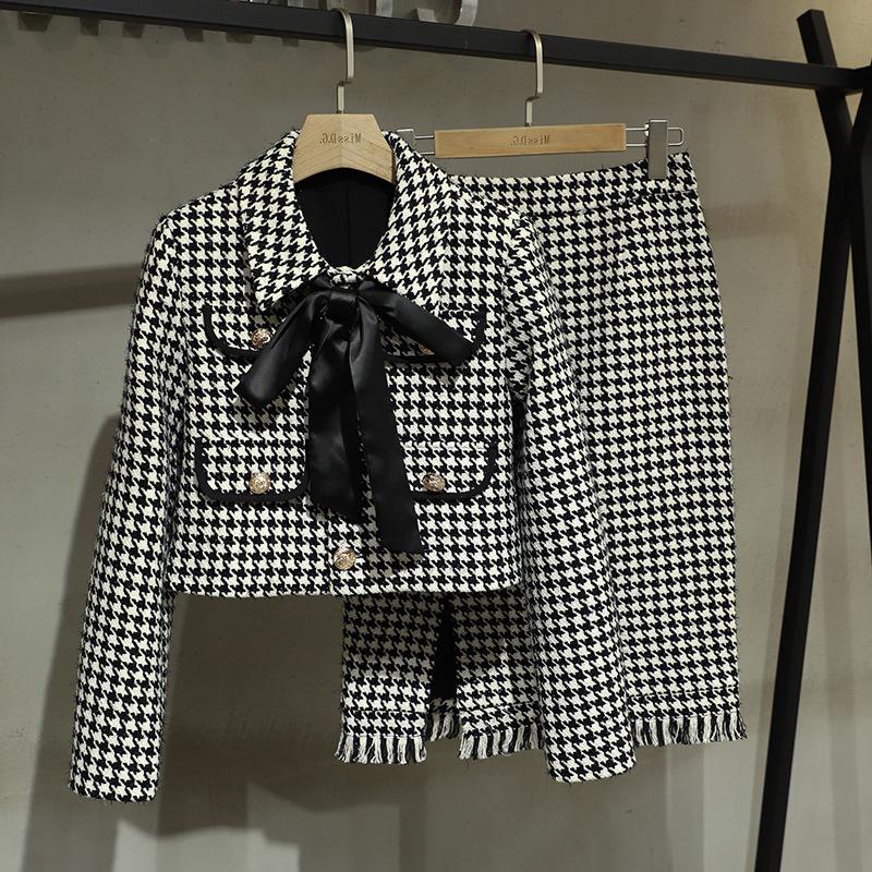 2021 Spring Houndstooth Skirt Suit: Chic Xiaoxiang Celebrity Style, Slim Fit for Women