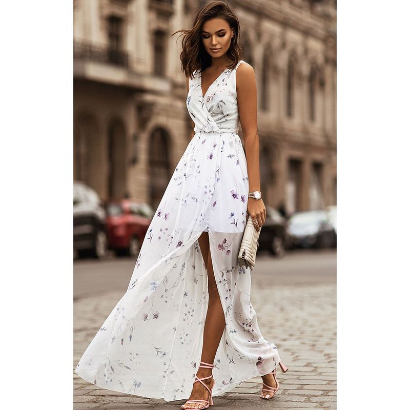 Bohemia Summer New Front and Back V-neck High Waist Shoelace Floral Print Slit Chiffon Sleeveless Dress Long Dress for Women