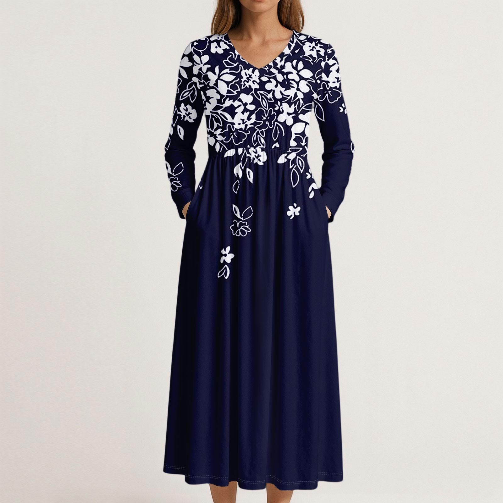 

Платье для женщин длинное бохо пляжное платье элегантное макси-платье V-образный вырез длинный рукав платье с карманами XXL тёмно-синий