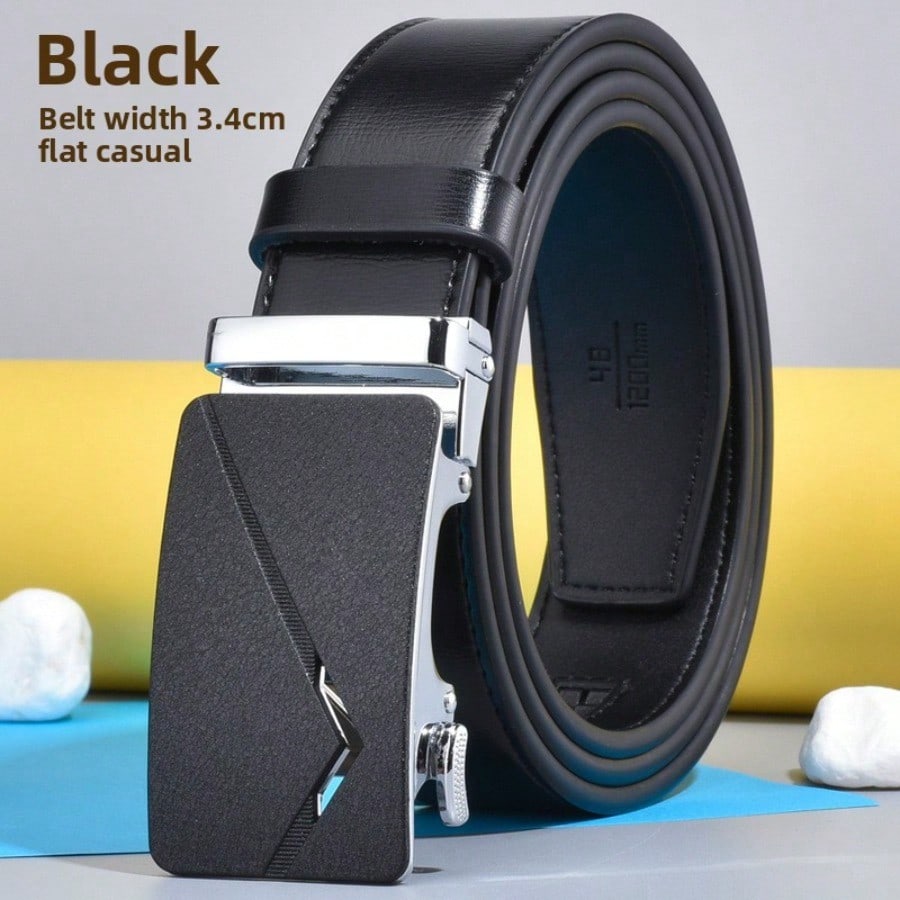 Ceinture Blanche Homme en Cuir Véritable Personnalisable à Boucle Automatique, Ceinture de Pantalon Simple et Polyvalente Pour Jeunes Hommes et Étudiants 3.4*110cm black