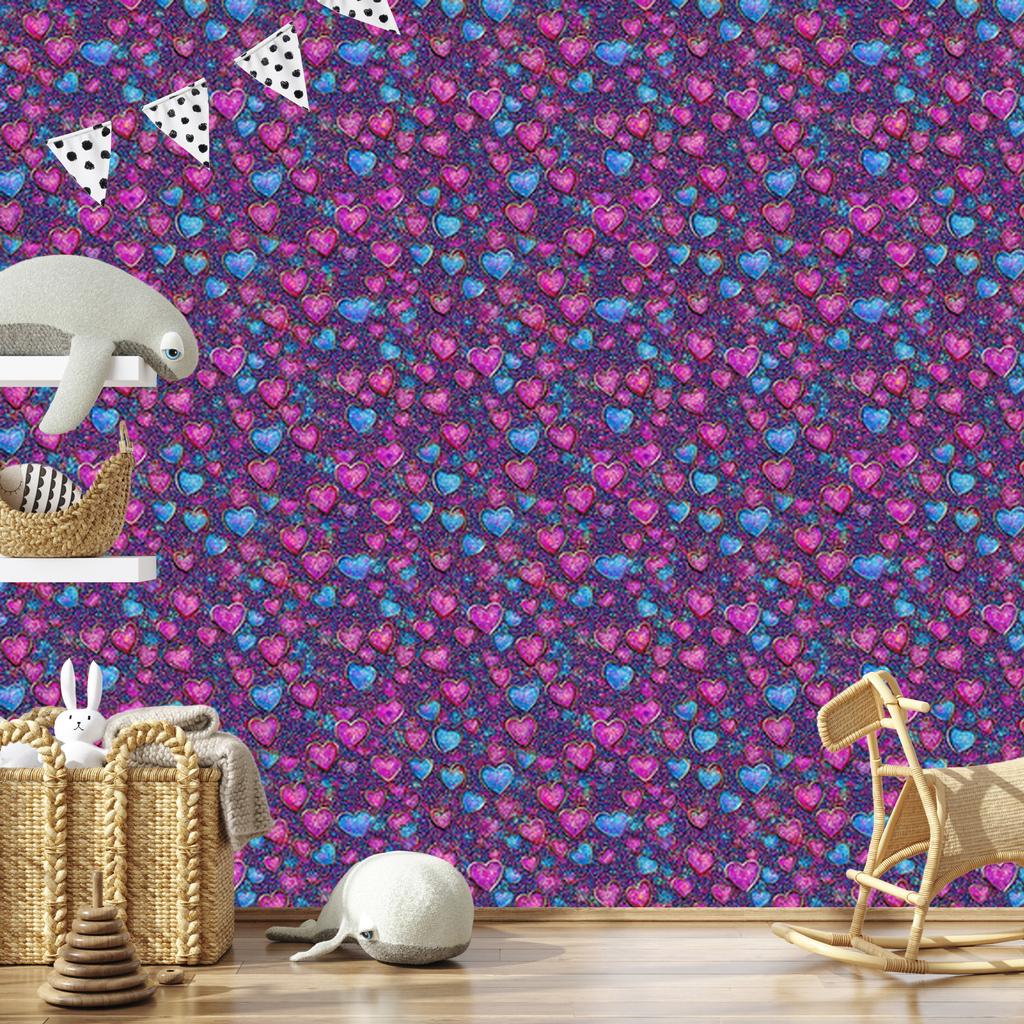 Neon Glitter Hearts Wallpaper Violet, Blue and Purple 50x1000