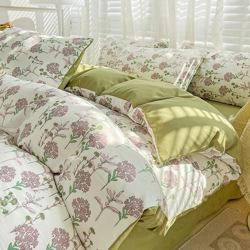 Washed Cotton 4Pcs Set, Double-Layer Yarn Quilt Cover, Dormitory Bed Sheet Three-Piece Set, Household Bedding