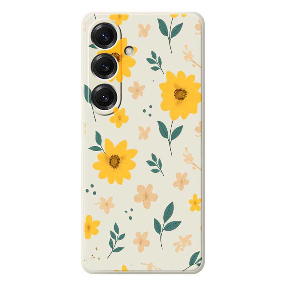 

For Samsung Galaxy S25 Case Yellow Floral and Leaves Pattern Printing Straight Edge TPU Phone Back Cover Beige