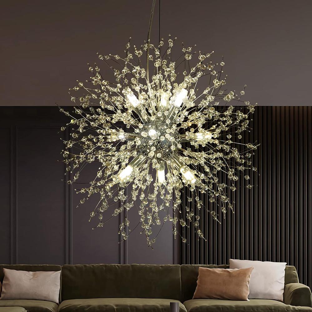Modern Crystal Chandeliers Firework, Non-dimmable, 9-Light Chrome Dandelion Sputnik Ceiling Light Fixtures, for Bedroom Living Room