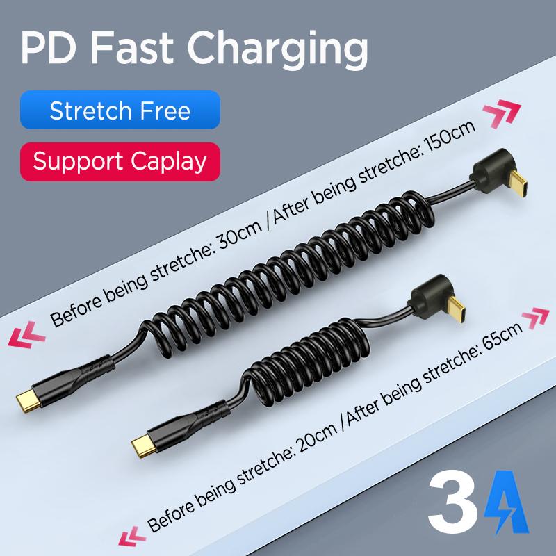 Right Angle Coiled USB C to USB C Data Cable,90° Retractable Charger Cord for Car,Type C Fast Charging Wire for iPhone,Samsung