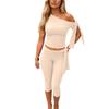 Women's Two Piece Set Off Shoulder Tie Sleeve Top Slim Fit Crop Top and High Waist Capri Pants Stretchy Casual Outfit