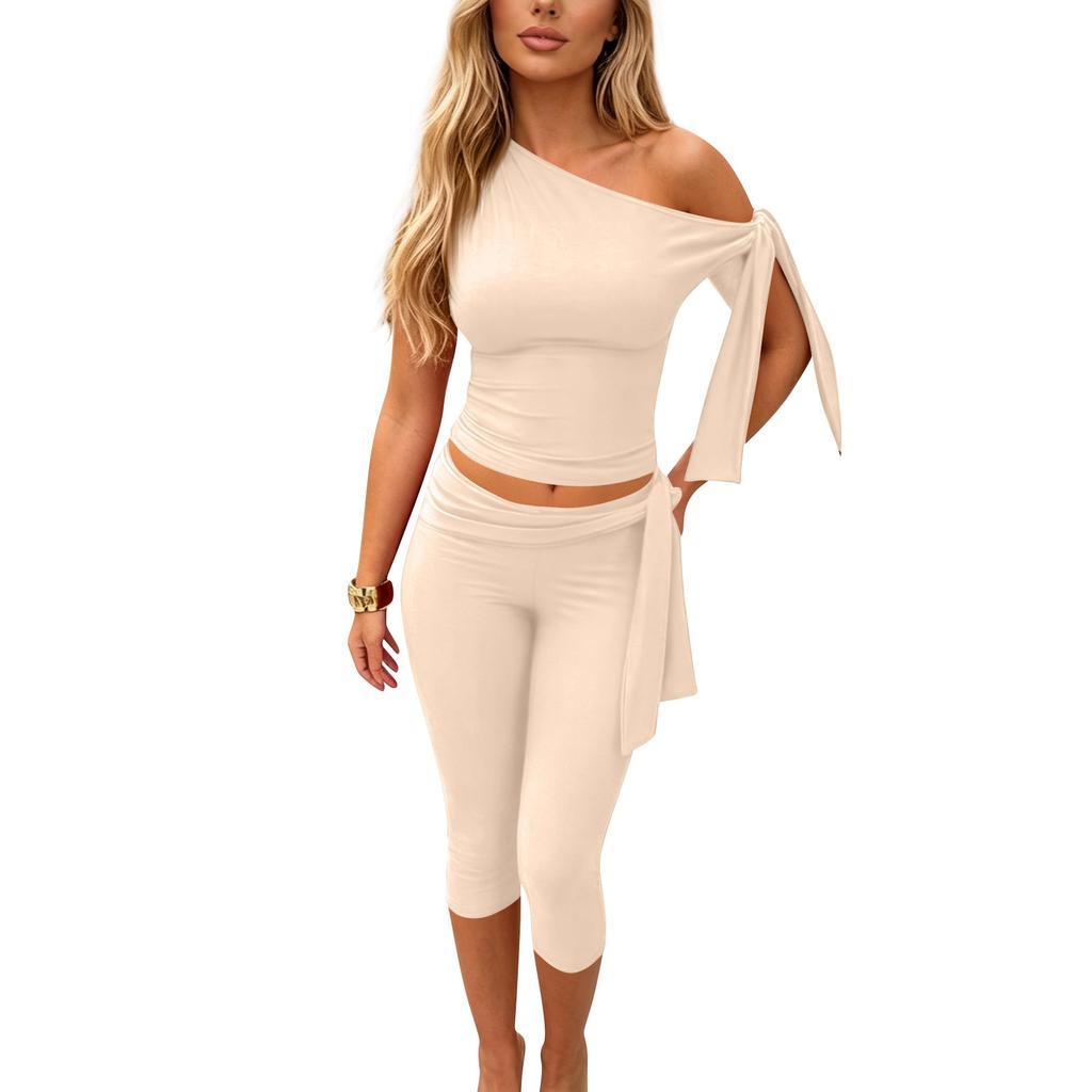 Women's Two Piece Set Off Shoulder Tie Sleeve Top Slim Fit Crop Top and High Waist Capri Pants Stretchy Casual Outfit