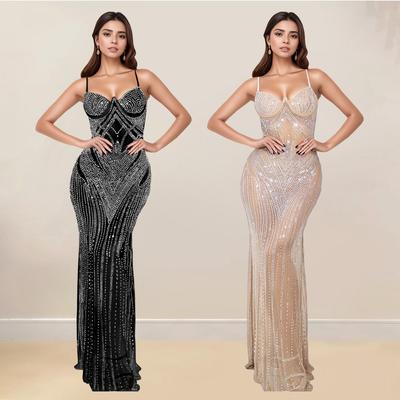 Women's Fashion Sleeveless Bodycon Rhinestone Spaghetti Strap Slim Fit Dress