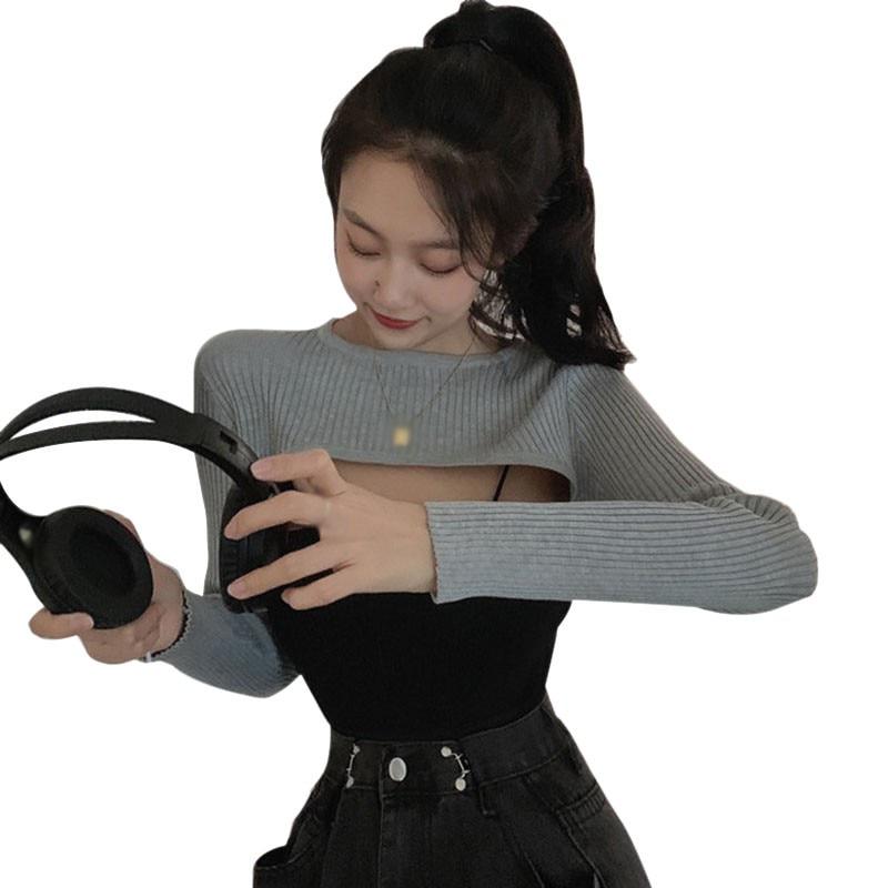 Short Stacked Knitted Top Women T-Shirts Autumn Slimming Suspenders Vetements