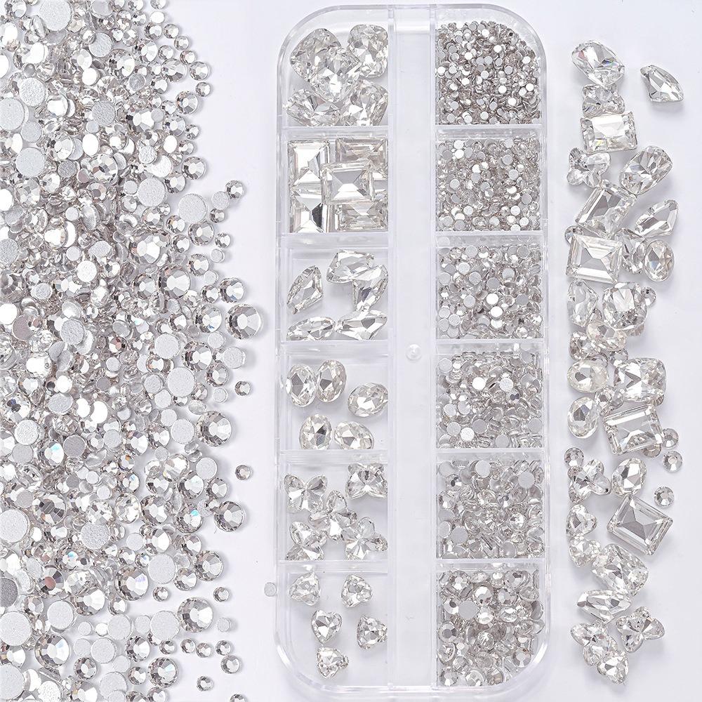 12 Grids 3D Nail Art Rhinestones Mixed Shapes Clear Glass Nail Art Charms Colorful Flatback Nail Art Decoration