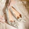Fashion High Heels Women Silver Chunky Glass Slipper Wedding Shoes Two Wear Gold Mid-Heel Bridesmaid Shoes