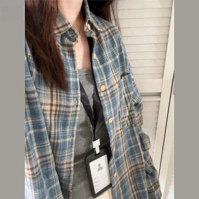 2025 Women's Retro Blue Plaid Shirt Jacket - Loose Fit, Long Sleeve for Spring & Autumn