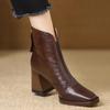 Fashion Women Ankle Boots  Square Toe PU Leather High-heeled Boots Fashion Retro Zipper Square Heel Short Boots Botas Mujer
